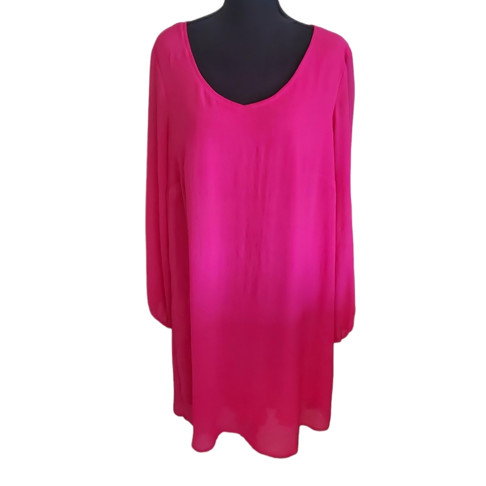 Short Fuscia Pink Chiffon Dress w/lining , long sleeve plus size 1X